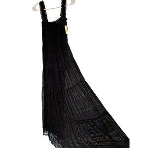 Max Studio S Black Lace Mesh Tiered Maxi Dress Square Neck Ruffle Frill Strap
